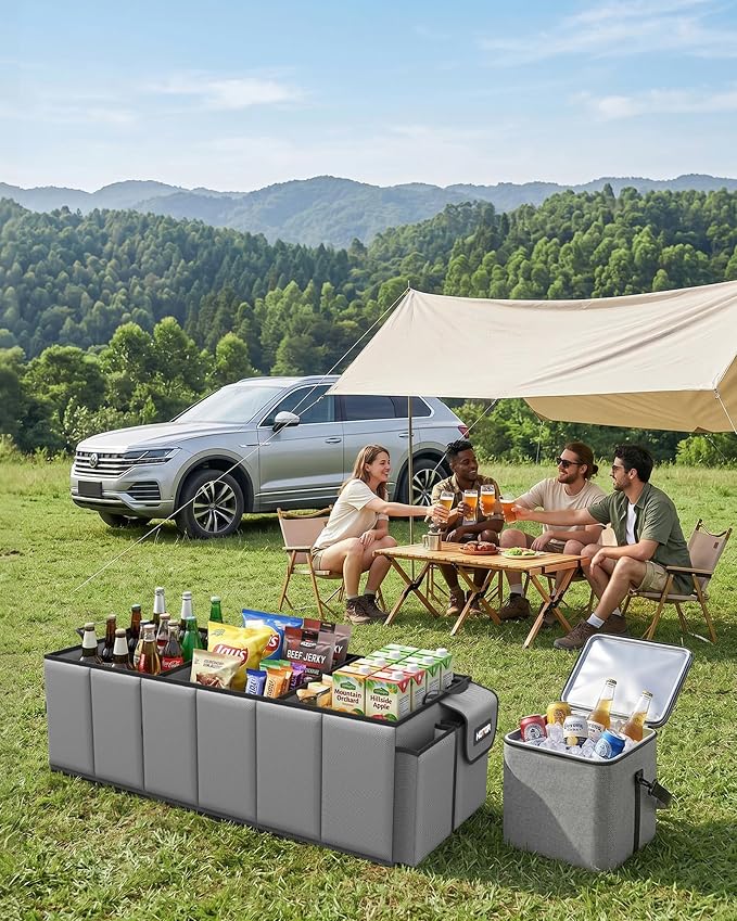HOTOR Trunk Organizer, Sturdy Foldable with Cooler for Car, Sudan & SUV | Car Organizers and Storage, Detachable Cooler Bag, for Tools, Camping, 3 Compartments, Grey, 31.5” x 12.6” x 10.6”