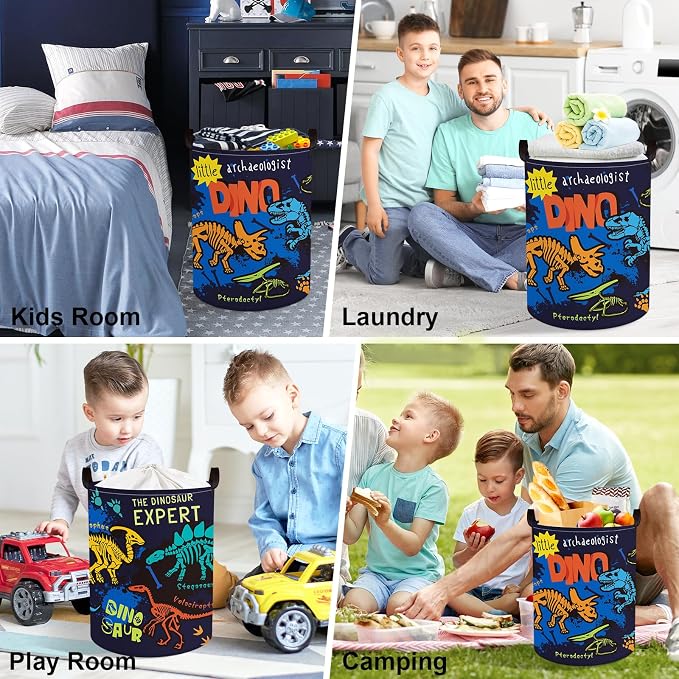 Clastyle Large Boho Dinosaur Pterosaur Boy Book Toy Storage Basket for Kid | Dino Skeleton Dirty Clothes Laundry Hamper, Colorful 45L Waterproof Nursery Playroom Bedroom Bathroom Shelf, Blue Dragon