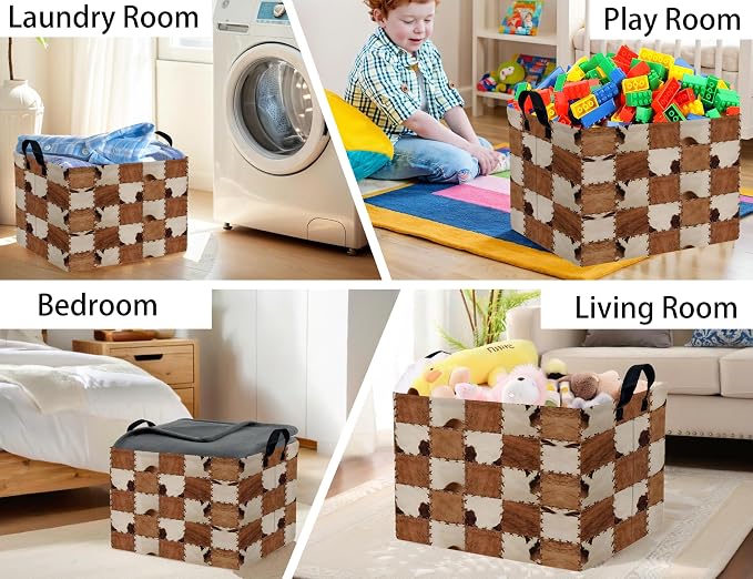 Checkered Kids Toy Basket Collapse Storage Bin with Handles Canvas Cow Fur Print Home Decor(Brown White)