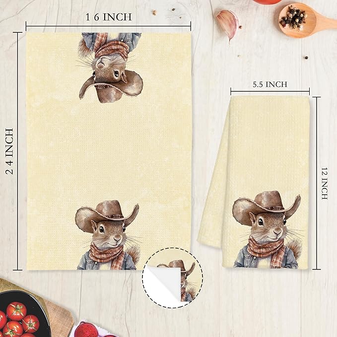 Western Cowboy Squirrel Gifts Kitchen Towels Decorative - Squirrel Lover Gifts Dish Tea Towels for Kitchen Drying, Cowboy Hat Animal Hand Towels for Bathroom Decor, 16x24 Inch