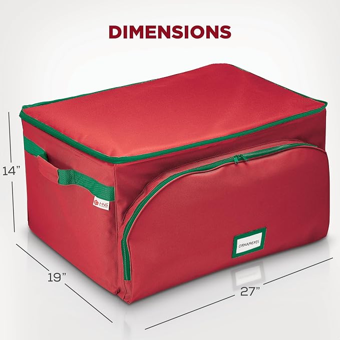 HOLDN’ STORAGE Premium Christmas Ornament Storage Container - Holds Up to 72-4” Ornaments Durable 600D Fabric - Adjustable Dividers - 3 Individual Trays - Metal Frame - Red
