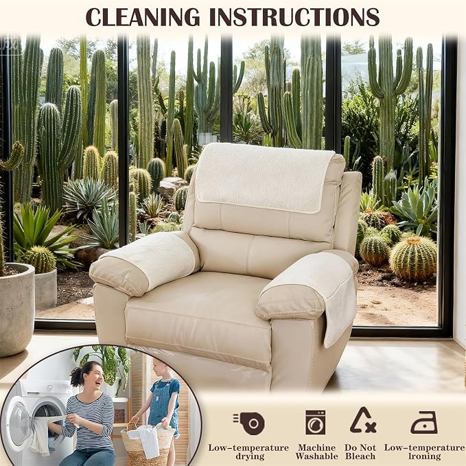 Sherpa Fleece Armrest and Headrest Covers with 2 Pockets | Soft fleece with nonslip silicone backing helps protect leather and fabric furniture from pet scratches machine washable