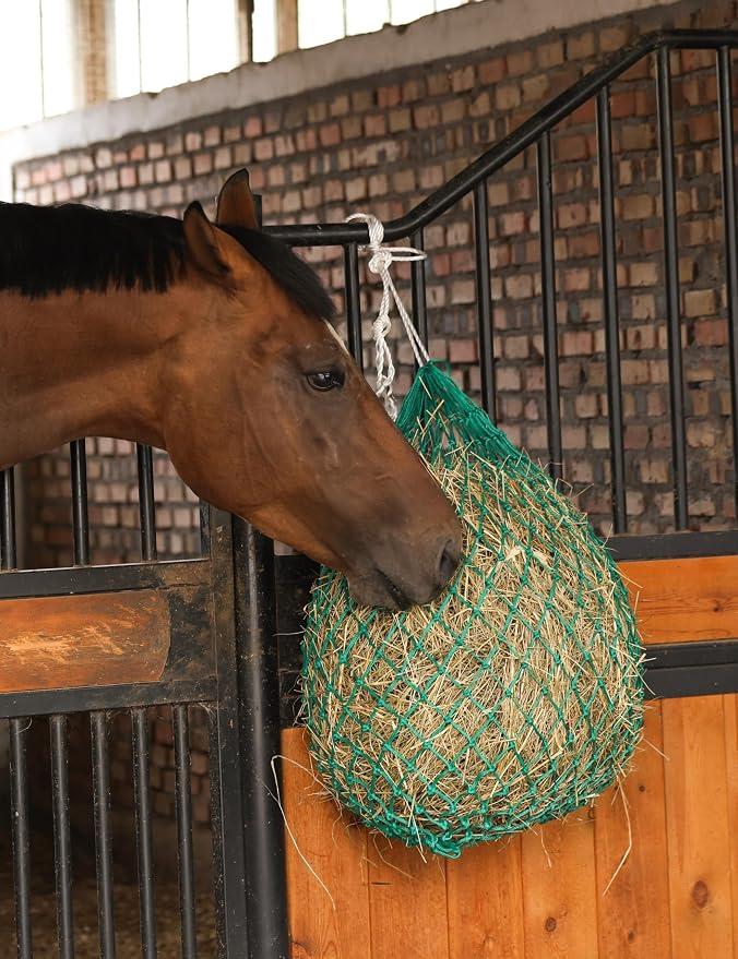 Harrison Howard Slow Feed Hay Net for Horses, 40 Inch Hay Bag Holds 1–2 Flakes, 2 Inch Mesh Durable Hanging Feeder for Stable, Pasture & Livestock-Grass Green