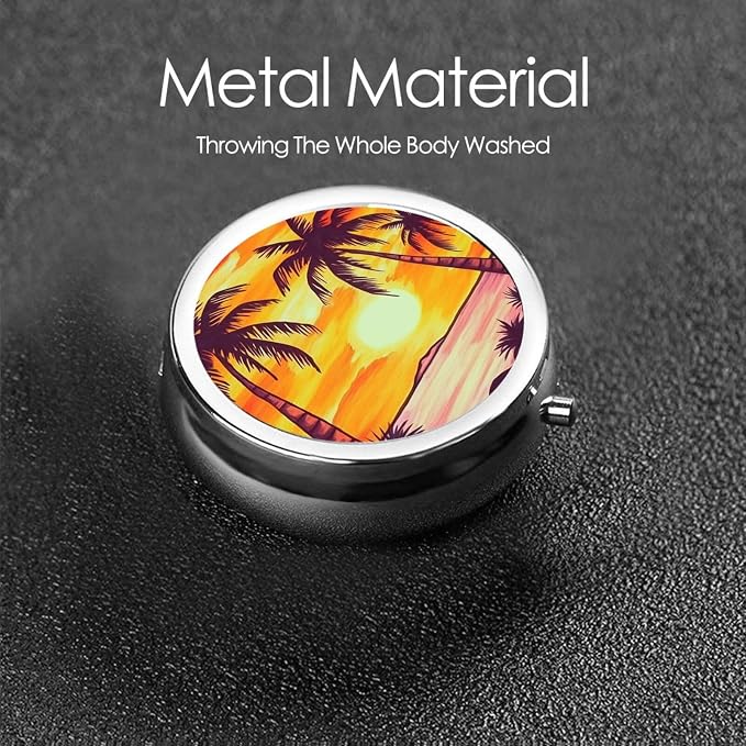 Round Pill Box Sunset Palm Tree Pill Case for Purse & Pocket 3 Compartment Pill Organizer Portable Travel Pillbox Medicine Pill Holder Container for Daily Vitamin Cod Liver Oil Storage