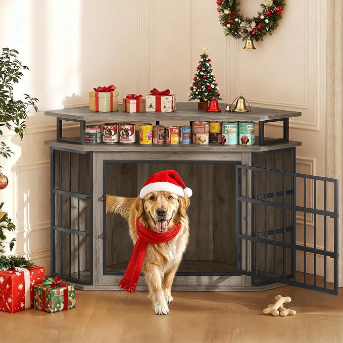 51" Corner Dog Crate Furniture Large Wooden Dog Kennel Indoor Dog House | With 2-Tier Shelves, Large Storage Space, Space-Saving Design, Multi-functional Pet House, Sturdy & Secure, Easy Assembly