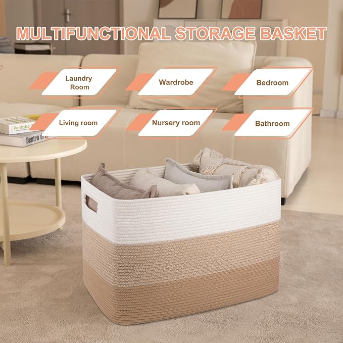 OIAHOMY 108L Extra Large Blanket Basket Dog Toy Basket Light Brown | Rectangle Woven Baskets for Storage Cotton Rope Basket For Living Room Toy Storage Blanket Storage Laundry Basket