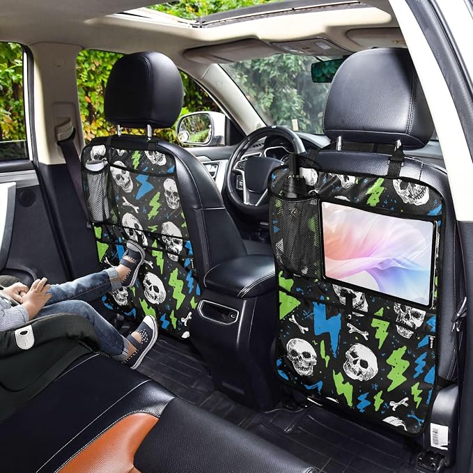 1 Pack Back Seat Car Organizer with Storage Pockets Kick Mats Back Seat Protector Hanging Car Organizer Automotive Seat Back Cover Organizers Skull Lightning Colorful