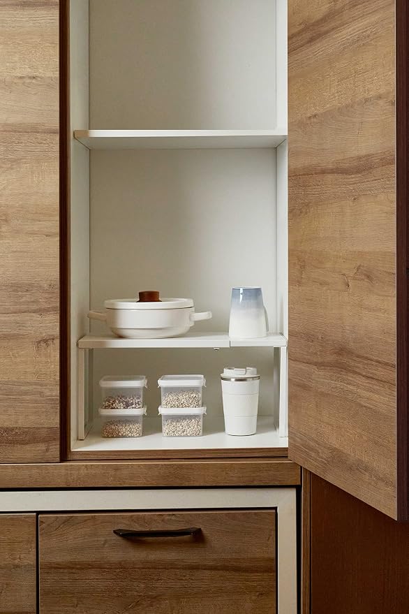 Nxconsu Expandable Cabinet Shelf, Shelf Riser for Cabinets, 10" White | Edgeless Metal Cabinet Riser Holds 50 lb and Expands 14.6 to 24.6 in for Under Sink Kitchen Pantry Cupboard Shelf