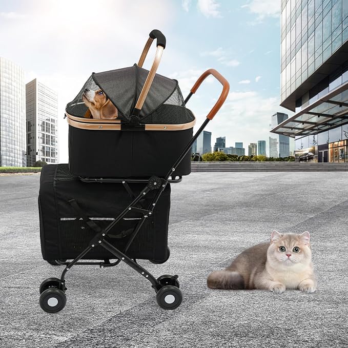 Double Dog Stroller for 2 Small & Medium Pets, Double Pet Stroller with Detachable Carriers, Foldable Dog Stroller for 2 Dogs, Two-Seater Carrier Dog Walk Jogger Travel Pet Carriage Cart (Black)
