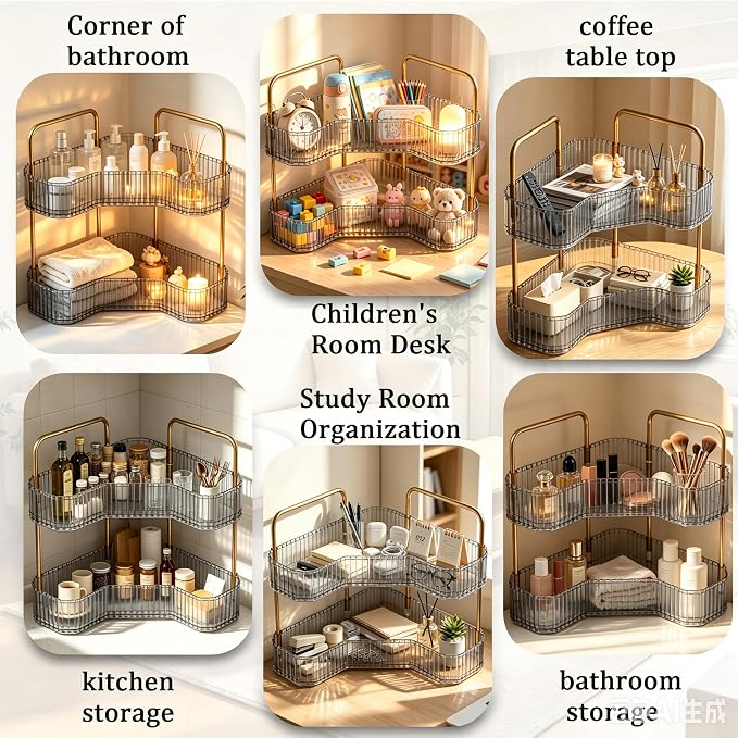 2-Tier Corner Bathroom Organizer, Skincare Vanity Counter Shelf Grey | Premium PET Perfume Display Stand with Gold Metal Rods, Space-Saving 90 Degree Storage Rack for Dresser
