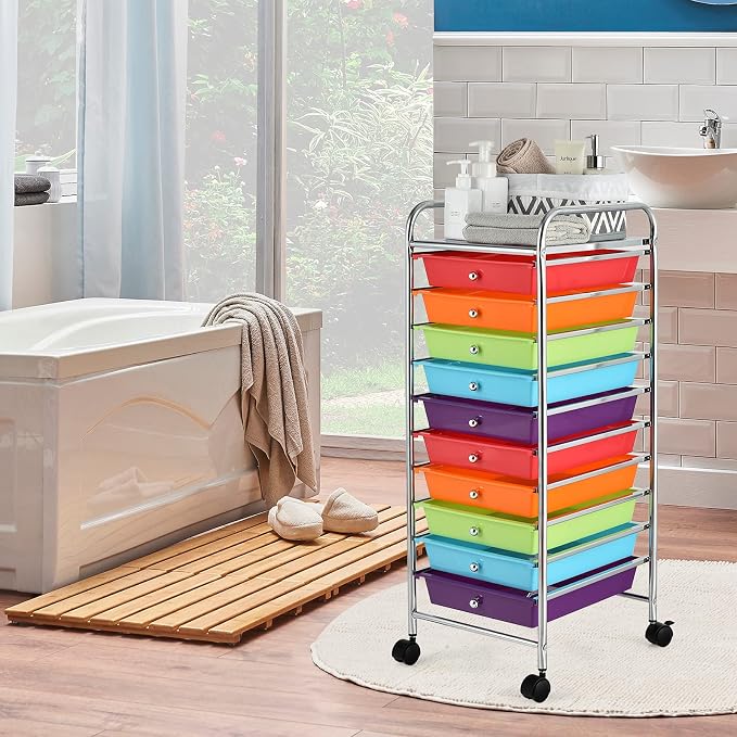 10 Drawer Rolling Storage Cart, Organization Cart with Drawers for Craft Makeup Paper Tool Art Supply, Versatile Utility Cart on Wheels for Home Office Classroom School (Multicolor)