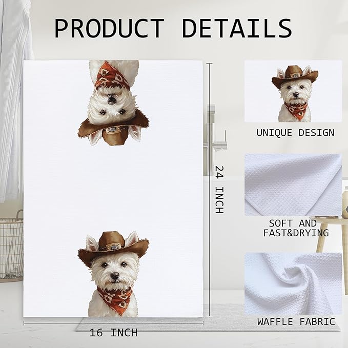 Cabana Bro West Highland White Terrier Gifts Kitchen Towels, Cowboy Westie Gifts Women Men Decorative Hand Towels for Bathroom, Funny Western Cowboy Westy Dish Tea Towels for Kitchen, 16x24 Inch