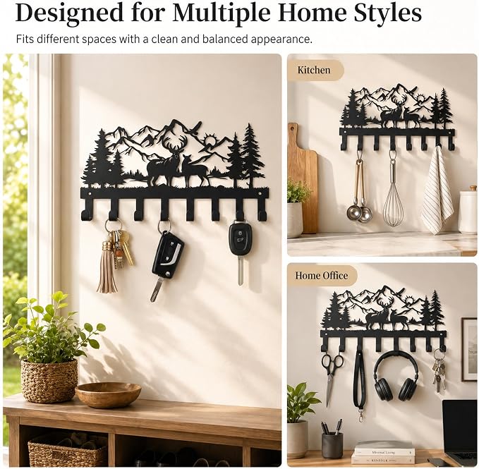 Deer Metal Key Holder for Wall, 14.5" X 8.9", Key Hooks for Wall Organizer, Key Rack, Forest Theme Coat Hat Towel Hooks, Ideal for Living Roo