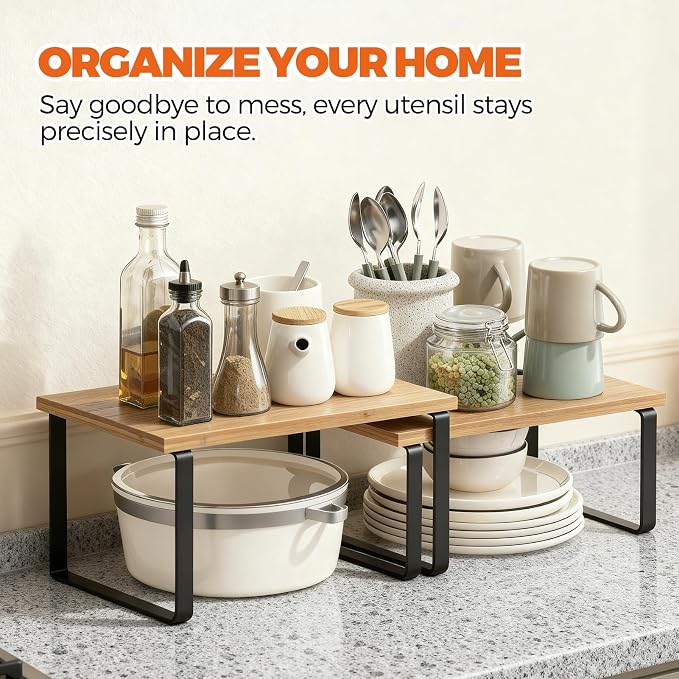 Cabinet Organizer Shelf, Kitchen Counter Shelf, Pantry Storage Riser | 4 Pack Ink Black & Natural Beige Shelves with Metal Legs, Stackable Countertop Risers for Kitchen, Pantry & Cabinet Storage