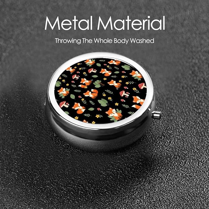 Mini Medicine Organizer, Round Pill Box Portable, 3-Section Case for Fish Oil, Travel Pill Container Purse Carry, Red Mushroom Green Leaves Flowers Floral Fox Black