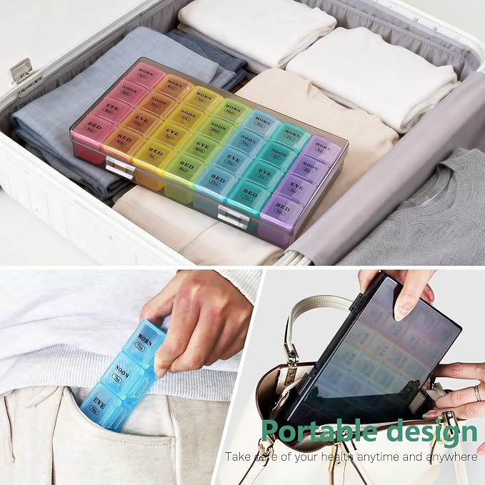 MOLN HYMY Pill Organizer 4 Times a Day, 7 Day Weekly Pill Box with 28 Big Compartments, Multicolor Portable Travel Medicine Planner for Vitamins, Fish Oils, Supplements (Rainbow, Large)