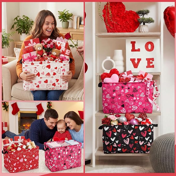 FoldTier 4 Pcs Valentine's Day Storage Baskets Empty Collapsible Valentines Basket with Handles Red Pink Black Heart Storage Boxes for Gifts Home Room Nursery Books Cloth Holiday Containers (Heart)
