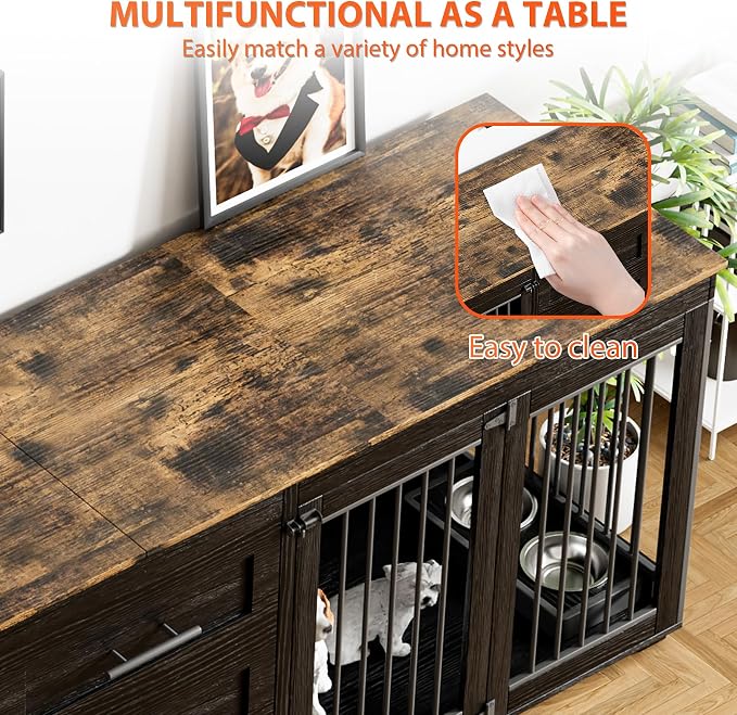 Rophefx 94.5" Dog Crate Furniture for 2 Dogs, Wooden Kennel TV Stand,Black | Indoor double dog house with 3 storage drawers, 4 feeding bowls, lockable doors, and a wide top for large and medium dogs