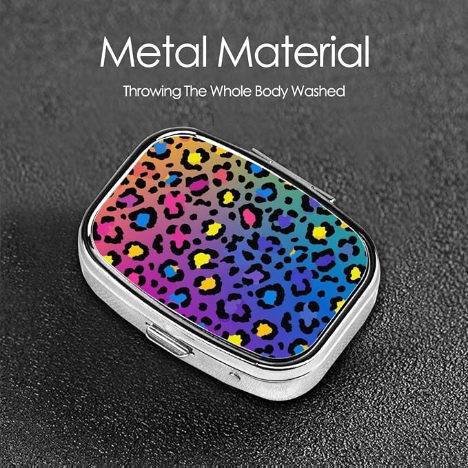 Cheetah Skin Rainbow Leopard Print Pill Case Pill Box with Mirror Retro Pocket 2 Compartment Medicine Case Vitamin Pill Organizer for Pocket Purse and Travel Gifts