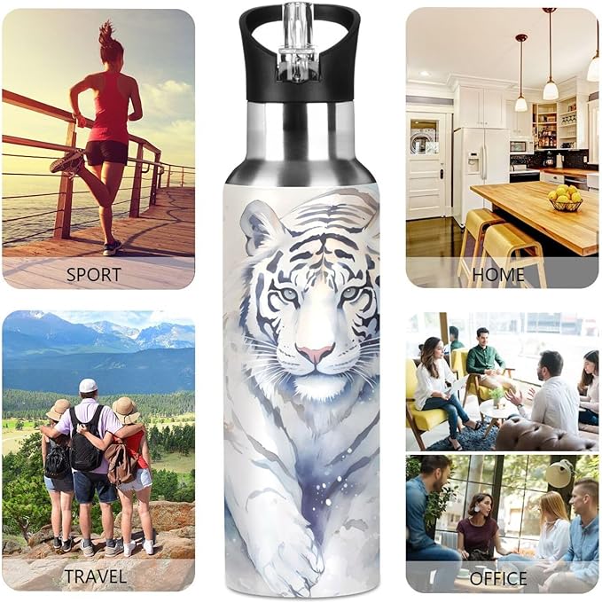 Tiger Walk Water Bottle with Straw Lid Kids Insulated Stainless Steel Water Flask Sports, 20 Oz Hot Cold