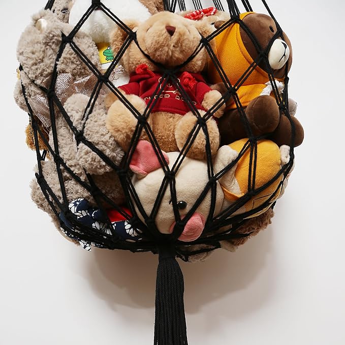 Amdermi Stuffed Animal Net or Hammock Corner or Wall Hanging Net for Plush Toy Storage Boho Macrame Toy Display Nursery Bedroom Decor Stuffy Animal Toy Organizer (Black)