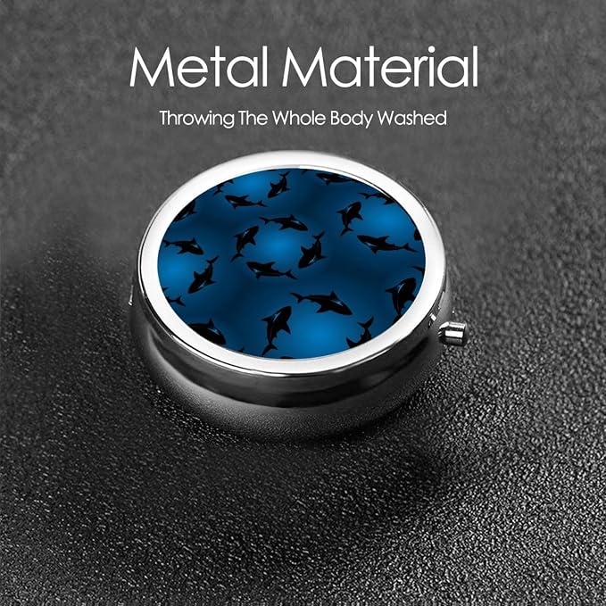 Compact Pill Holder, Ocean Blue Sea Floating Sharks Round Mini Dispenser, Travel Organizer Case for Medicine, Purse Pocket Box for Outdoor Enthusiasts