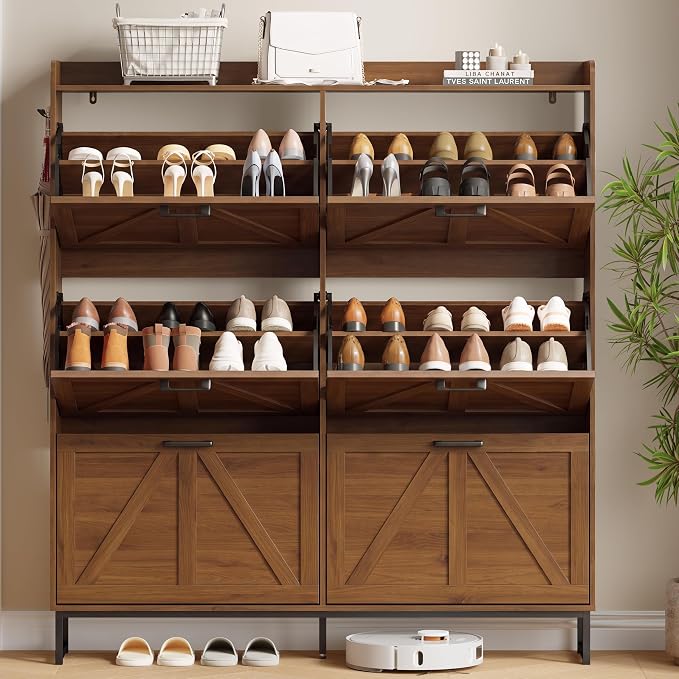 Xixini Shoe Storage Cabinet with 6 Flip Drawers, Entryway Shoe Rack, Walnut | Freestanding Narrow Shoe Storage, Hidden Slim Wood Shoe Organizer, Modern Farmhouse, Open Storage & Hooks for Closet, Hallway