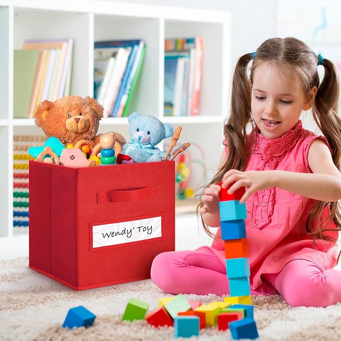 11 Inch Storage Cube,Storage bin,cube storage (Set of 10) Foldable Fabric Cube Storage Bins with 10 Labels Window Cards & a Pen,Baskets Containers for Shelves,Closet Organizers Box,Red