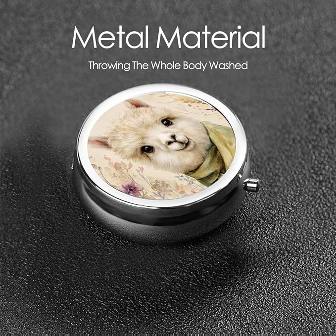 Cute Alpaca Flower Green Portable Pill Organizer | 3 Compartment, With Mirror, For Men Women, For Daily Supplements, Vitamins, Fish Oil, Jewelry, Candy, Travel