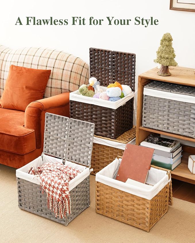 SETVSON Storage Basket with Lid, 2-Lid PE Rattan Storage Bin, Brown | 35L Storage Bin with 2 Separate Lids, 2 Removable Liners with Divider for Clothes & Blankets, Sturdy Frame, Brown