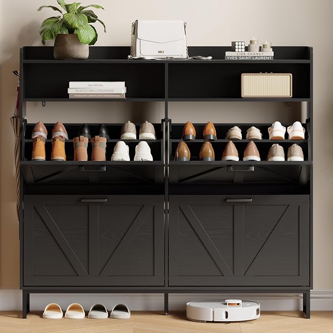 Xixini Shoe Storage Cabinet with 4 Flip Drawers, Entryway Shoe Rack, Black | Freestanding Narrow Shoe Storage, Hidden Slim Wood Shoe Organizer, Modern Farmhouse, Open Storage & Hooks for Closet, Hallway
