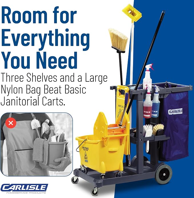 Carlisle FoodService Products Janitorial Cart with 25 Gal Bag, Gray | Short Platform, 3 Shelves, Polyethylene, Broom Holders and Hooks, Non-Marking Wheels, Mop Bucket Platform
