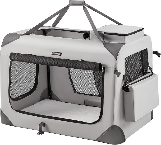 Feandrea Collapsible Soft Dog Crate, Portable Travel Carrier, 32 Inches | Dog Kennel with Safety Zippers, for Indoor and Outdoor Use, Smoke Gray, UPDC090G02