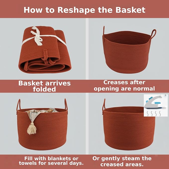 XUANGUO 66L Large Blanket Basket, Round Cotton Rope Basket, Rustic | 20" x 13" Laundry Basket with Sturdy Handles for Blankets, Pillows and Toys; Storage for Living Room, Bedroom and Nursery