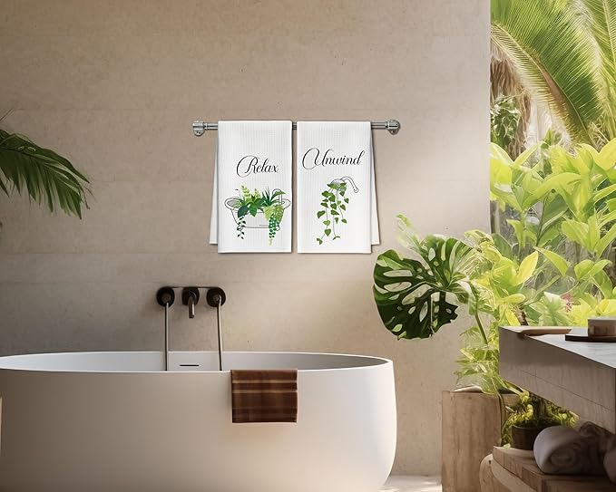 Bath Towels Set of 2, Green Eucalyptus Dish Towel for Bathroom Spa Kitchen, Tub Shower Leaves Decorative Hand Towels, Fast Drying Tea Towel, Housewarming Xmas Gifts for Women Mom -B29