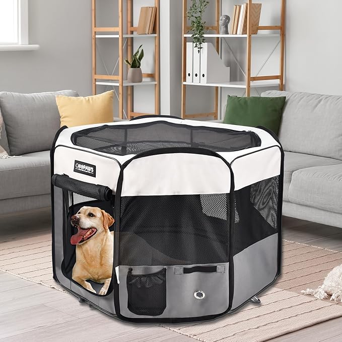 Jespet Soft Dog Playpen, Portable Pet Exercise Pen Kennel with Carry Bag | 2-Door, Easy to Fold, Ground Stakes, Zipper Locks, Large Storage Pocket, Washable Top Mesh Cover & Bottom Cover