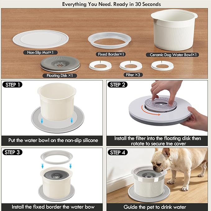 No Spill Ceramic Dog Water Bowl, Large Capacity Slow Drinking Bowl with Floating Disk & Filter, Heavy Duty Anti-Slip Bowl for Small to Medium Dogs, Cats & Multi-Pet Homes Indoor Outdoor