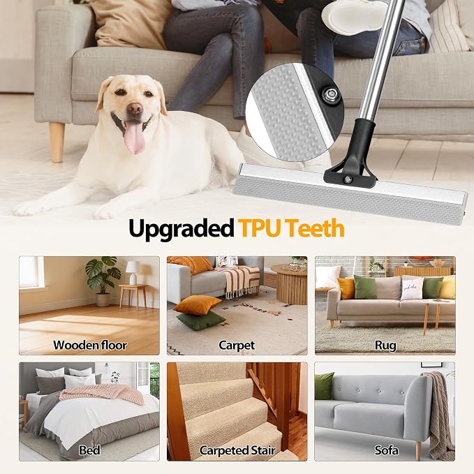 Carpet Rake for Pet Hair Removal Tool,Reusable Hair Remover Broom | Dual-Action Carpet Brush, 2 in 1 TPU and Copper Rake Teeth, 54" Adjustable Long Handle, Dog Cat Fur Broom for Rugs Mats Floor