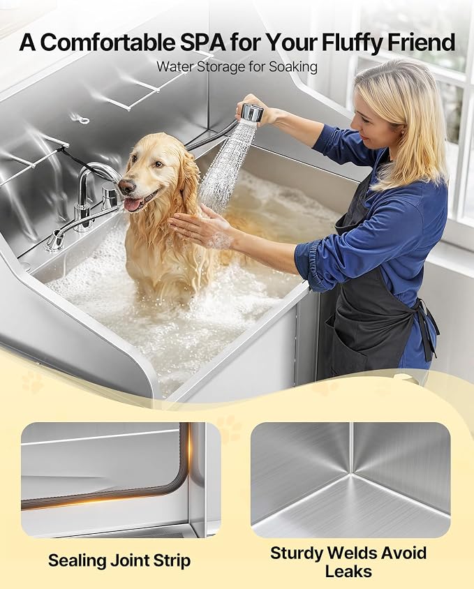 VEVOR Dog Bath Tub, Professional 50 Inch 304 Stainless Steel Dog Washing Station Anti-Slip Ramp & Storage Drawer, Hot Cold Water Faucet and Showerhead for Large Medium Small Dogs (Left Door) | Dog Bathtub with Anti-Slip-Ramp for Large, Medium & Small P...