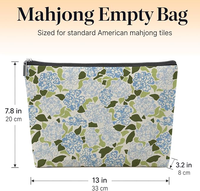 Blue Hydrangea Floral Empty Mahjong Tile Bag 13x7.8 Inch, | Abstract Hydrangea Portable Travel Case Organizer Zipper Pouch for American Mahjong Tiles Game Night Accessories and Gifts