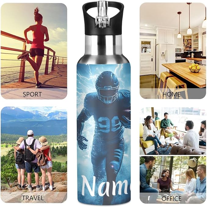 Custom Name American Football Player Lightning Water Bottle with Straw Lid Kids Insulated Stainless Steel Water Flask Sports, 20 Oz Hot Cold