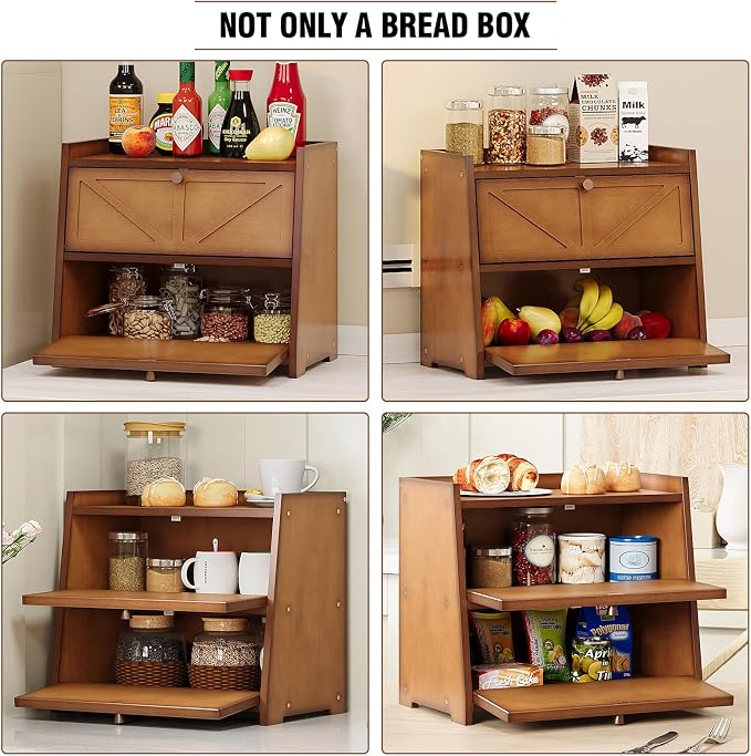 Trironsun Vintage Double Layer Bread Box for Kitchen Counter Bamboo Bread Storage Container Large Capacity Bread Storage Bin