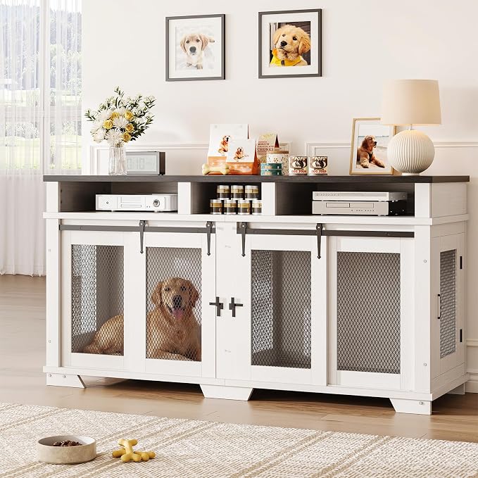 71" Dog Crate Furniture for 2 Dogs, Heavy Duty Indoor Dog Kennel TV Stand, End Table Dog Crate, XL Wooden Dog Cage with Divider for Medium Large Dogs