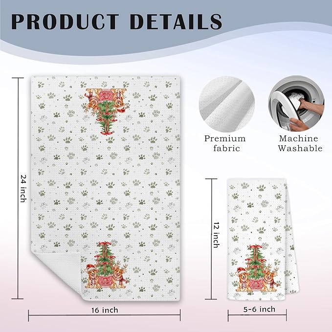 Red Chinoiserie Christmas Corgi Kitchen Towels, Corgi Lover Gifts Dish Tea Towels for Kitchen Decor, Green Xmas Tree Santa Dog Paw Prints Hand Towel for Bathroom Decor, 16x24 Inch