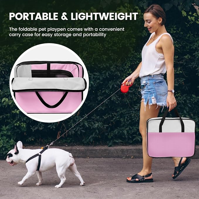 X-ZONE PET Foldable Dog Playpen, Portable Pet Play Pen for Puppy Cat, Pink | Pop‑Up Dog Playpens Indoor & Outdoor, Waterproof Dog Kennel Cage, Removable Top, Travel Camping Playpen, Medium Size