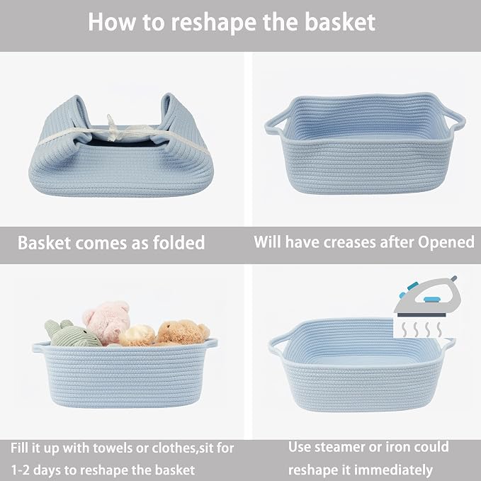 XUANGUO Medium Woven Cotton Rope Storage Basket with Handles, Blue | Small decorative rectangle storage bin for baby nursery items and cat toys; ideal as an empty gift basket or dog toy basket