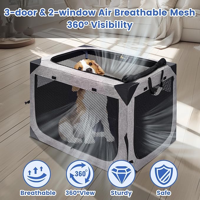Dog Crate,30x21x21 Inch Large Dog Crate for Large or Medium Dogs, Portable and Foldable Design of Dog Cage, Perfect for Travel or Home Use, Dog Kennel with 3-Door and Durable Mesh Windows, Light Grey