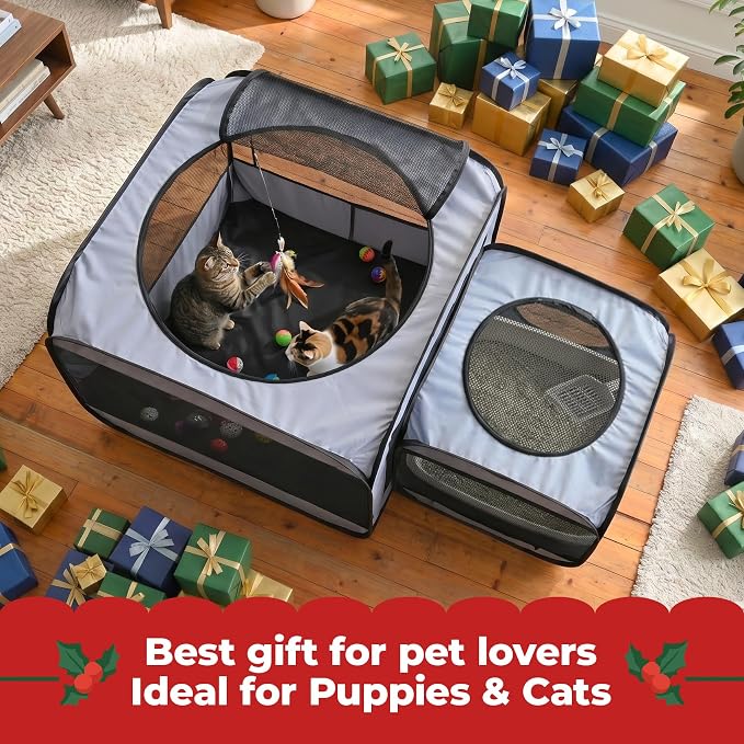 2-in-1 Dog Playpen, Portable Cat Playpen, No Assembly Need | Pop Up Puppy Pet Play Pen Tent Indoor Outdoor Enclosed, Large Kitten Crate Cage Kennel, Small Animals Kitty Condo House