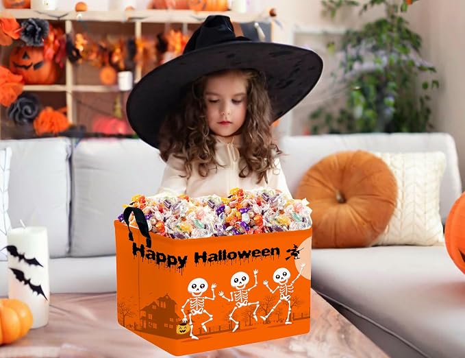 Large Halloween Themed Candy Gift Boo Basket for Kids Baby Personalized Adults Storage Bin Fall Decor(Orange Dance Skeleton)