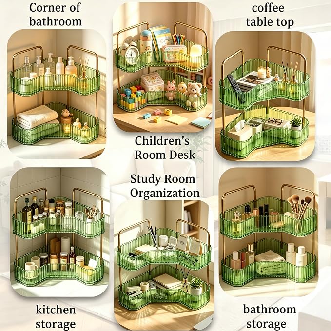 2-Tier Corner Bathroom Organizer, Skincare Vanity Counter Shelf Green | Premium PET Perfume Display Stand with Gold Metal Rods, Space-Saving 90 Degree Storage Rack for Dresser